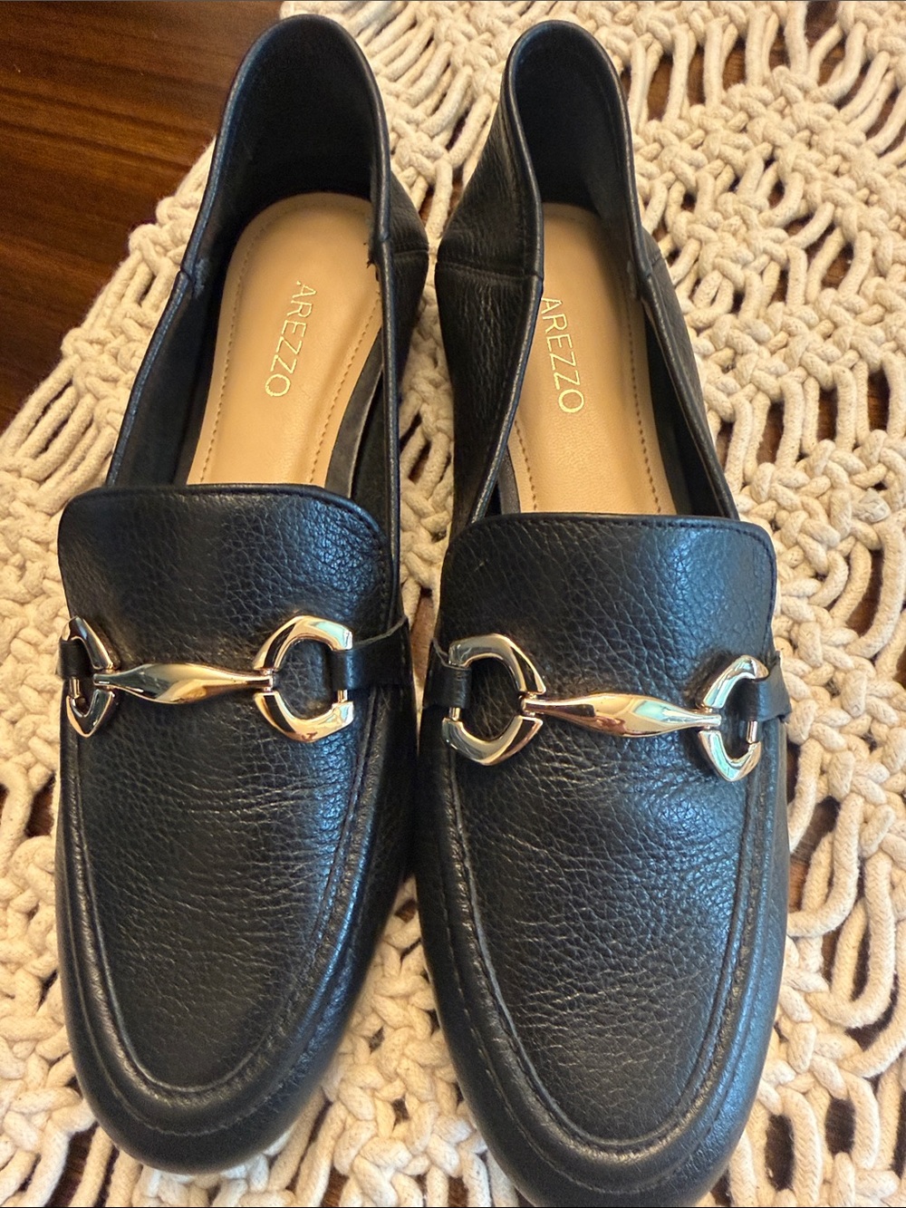 Women's Black Leather Slip-On Loafers with Gold Bit Accent - Picture 6 of 8